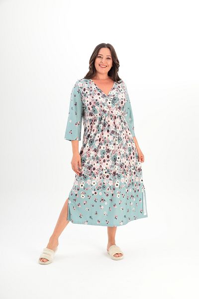 MAMAYAGA Women's Double Breasted Neckline Relaxed Fit Three Quarter Sleeve Patterned Viscose Casual Midi Plus Size Dress Nightgown