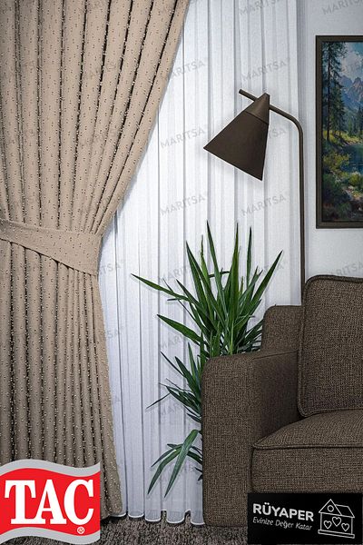 Taç Dream Linen Series Grammage Pompom Pattern Straw Color Background Curtain Frequent Pleat Single Wing