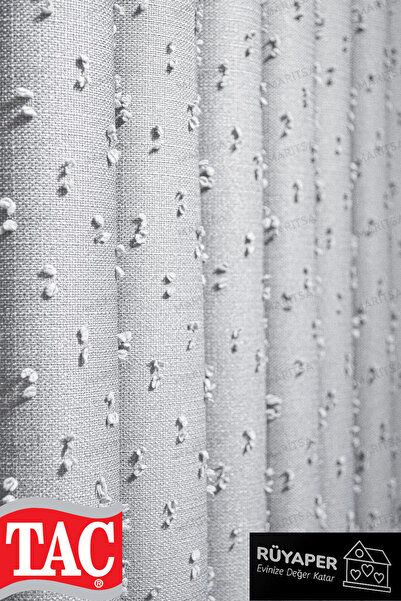 Taç Σειρά Rüyaper Linen Gramage Pompom Μοτίβο ανοιχτό γκρι Χρώμα φόντο κουρτίνα συμπίεσης μονή πτέρυγα