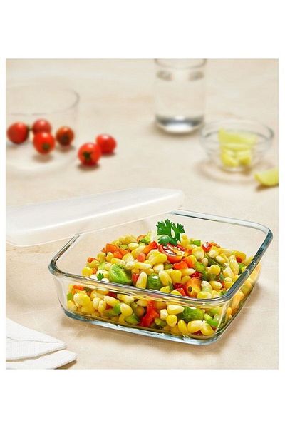 Borosil Microwavable Square Baking Dish With Plastic Lid - Microwave, Oven And Dishwasher Proof White 800ml