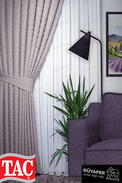 Taç Dream Linen Series Grammage Pompom Pattern Powder Color Background Curtain Frequent Pleat Single Wing