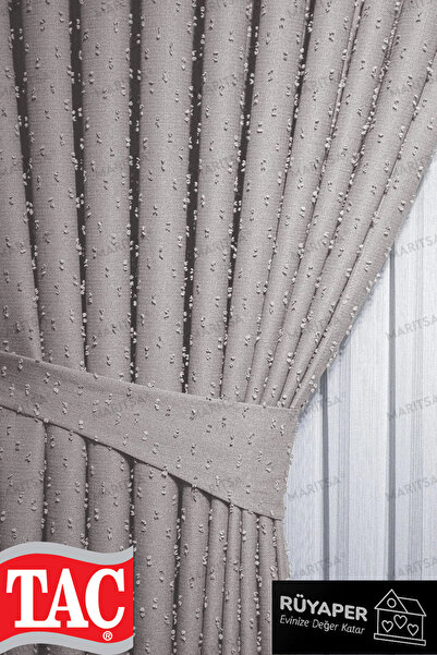 Taç Κουρτίνα σκηνικού σε μπεζ χρώμα Πλιτέ Πομπομ Σειρά Λινό Κουρτίνα