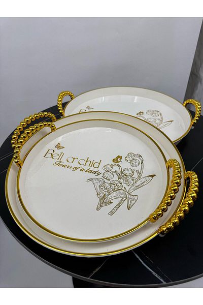 Living 3-piece round tabasi set, beige in color with elegant golden handles and edges.