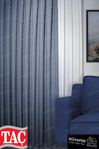 Taç Indigo Color Pompom Pattern Dream Linen Series Background Curtain Frequent Pleat Single Wing