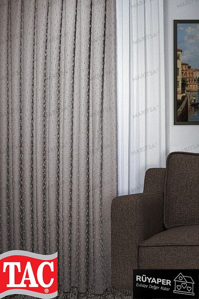 Taç Dream Linen Series Grammage Pompom Pattern Milk Coffee Color Background Curtain Frequent Pleat Single Wing