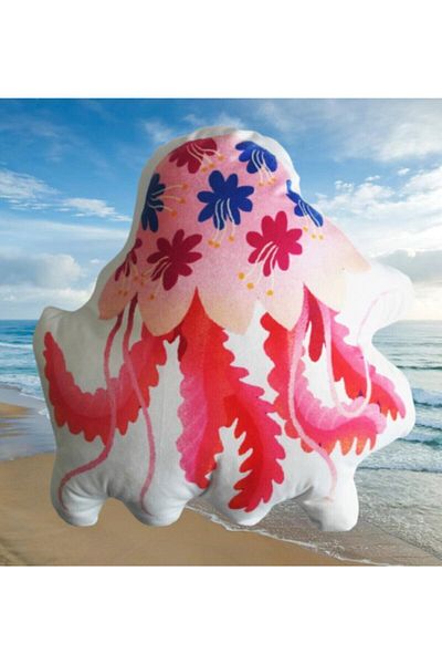 AZİZ OYUNCAK Pink Floral Jelly Fish Cartoon Jellyfish 3D Printed Pillow