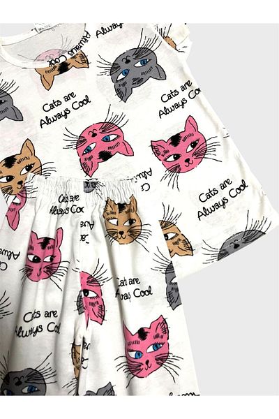 ALİŞ KİDS Girl's Cotton White Cat Patterned Short Sleeve Shorts Summer Pajama Set