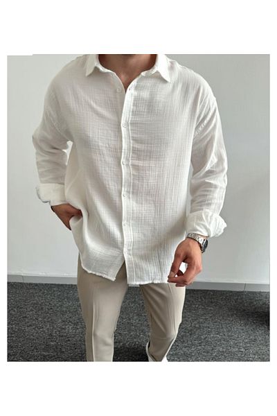 ESNOA Men's Pocketless Regular Fit Muslin Shirt
