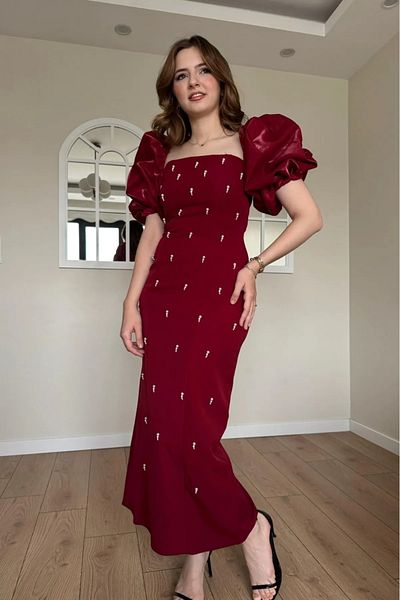 Afiş Butik Rochie de seară lungă cu mâneci cu balon brodate cu perle