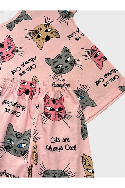 ALİŞ KİDS Girl's Cotton Pink Cat Patterned Short Sleeve Shorts Summer Pajama Set