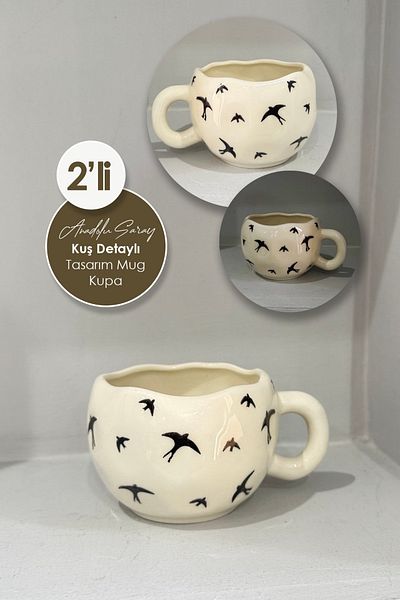 Anadolu Saray 2 Pcs Handmade Ceramic Bird Pattern Mug Mug Cup |   Mug Cup Mug Coffee Cup