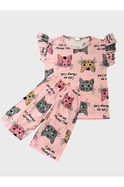 ALİŞ KİDS Girl's Cotton Pink Cat Patterned Short Sleeve Shorts Summer Pajama Set
