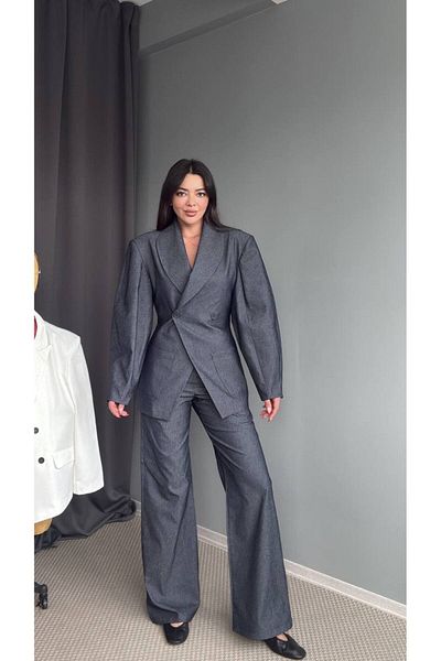My Blog Navy Blue Balloon Sleeve Jacket Trousers Set - 903148