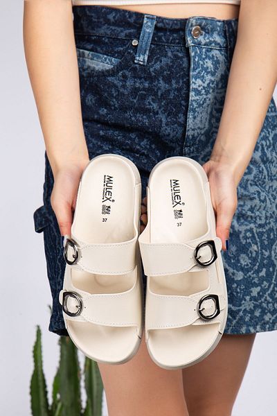 SUNSTEP Mulex Γυναικεία Κρεμ αγκράφα, Κομψά, Δερμάτινα Casual Μαύρα Σανδάλια/Παντόφλες