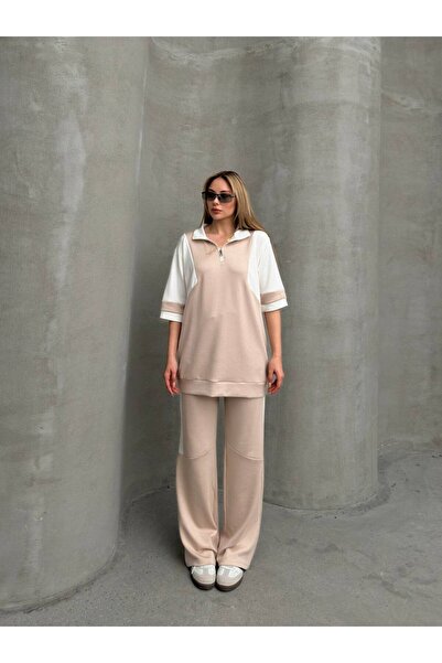 sportiness GARNİLİ YARIM FERMUARLI OVERSİZE GENİŞ PAÇA YUMUŞAK DOKU MODAL KUMAŞ EŞOFMAN TAKIM