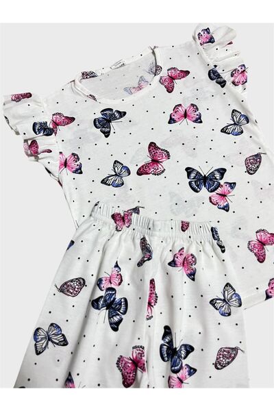 ALİŞ KİDS Set de pijamale de vară pentru fete, din bumbac, alb, cu modele de fluturi, cu mâneci scurte