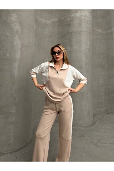 sportiness GARNİLİ YARIM FERMUARLI OVERSİZE GENİŞ PAÇA YUMUŞAK DOKU MODAL KUMAŞ EŞOFMAN TAKIM