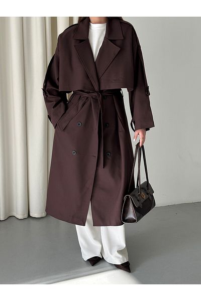 Laluvia Bitter Brown Lucky Button Detailed Oversize Trench Coat - 9476