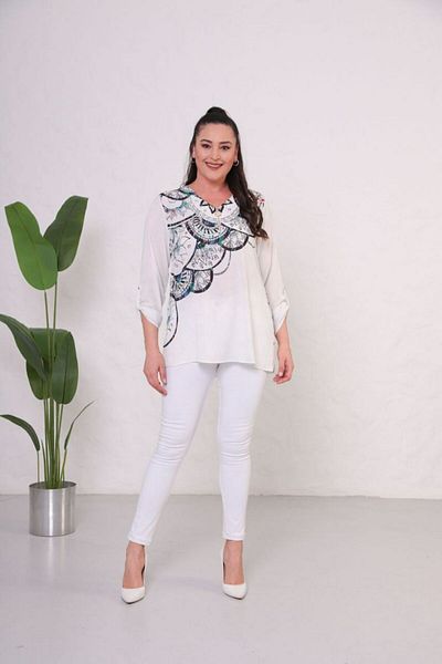 Mezure Patterned Crepe Blouse with Zippered Collar Large Size