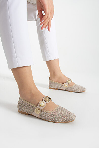 Parparastil Tüvit İnci Detaylı Arkası Kapalı Alçak Topuklu Mary Jane Günlük Vizon Hasır Kadın Babet