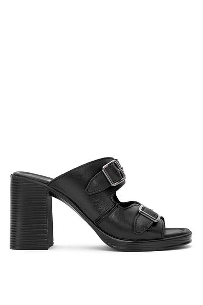 Venüs Women's Black Genuine Leather Heeled Slippers 25322561 Y