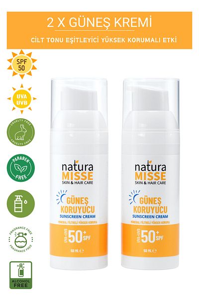 NaturaMisse Natural Sunscreen - 2x50 Ml, Uva Uvb Spf 50, High Protection, Anti-Blemish Care, Moisturizing Water Based
