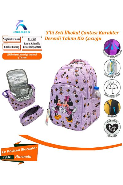 Bevitton Lilac Mickey Patterned First School Bag for Girl - Set of 3