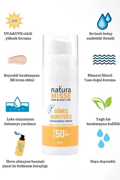 NaturaMisse كريم الشمس الطبيعي 50 مل Uva Uvb Spf 50 حماية عالية مضاد للعيوب كريم مرطب ذو أساس مائي