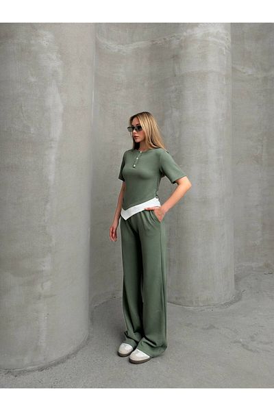 sportiness Asymmetric Top Zero Collar Button Detail Wide Leg Modal Fabric Tracksuit Set