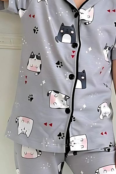 EQRU Cat Pattern Girl's Shirt Collar Button Short Sleeve Summer Pajama Set
