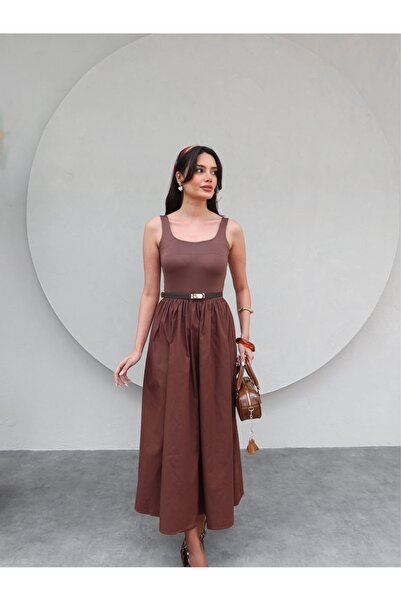 ESRAHELVACI Zero Sleeve Midi Flared Skirt Dress