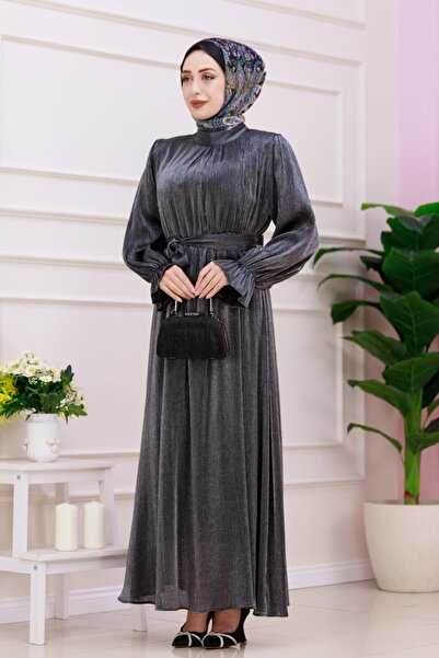 Sevitli Glitter Alya Evening Dress - Anthracite with Flounces on the Sleeves