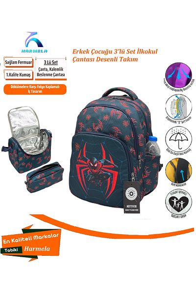 Bevitton 3-Piece Primary School Bag for Boy - Navy Blue with Character Pattern