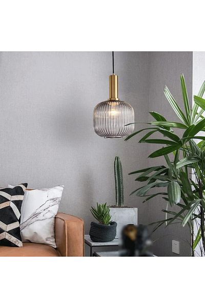 ASR Gray Smoke Color Self-Striped Patterned Quadrilateral Shaped Glass Pendant Lighting with Gold Accessories