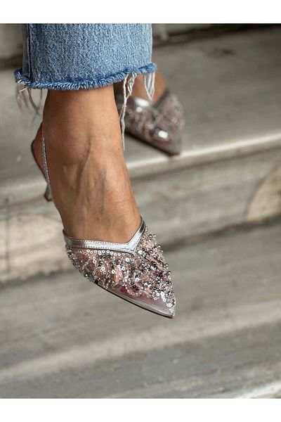Atelierby DS Silver Bead Embroidered Handmade Women's Stylish Heeled Shoes