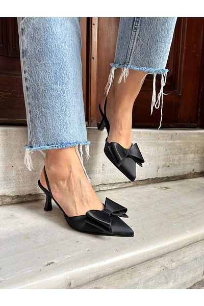 Atelierby DS Black Satin Bow Detailed 7 cm Women's Stylish Heeled Shoes