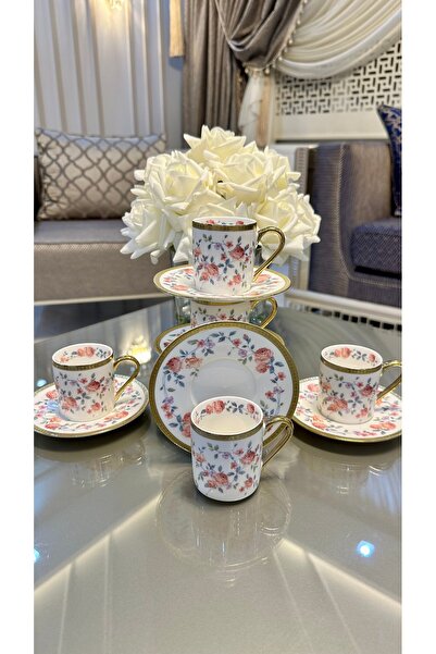 ROY KING Royking 6 Kişilik Porselen Güllü Gold Kahve Fincan Takımı Seti