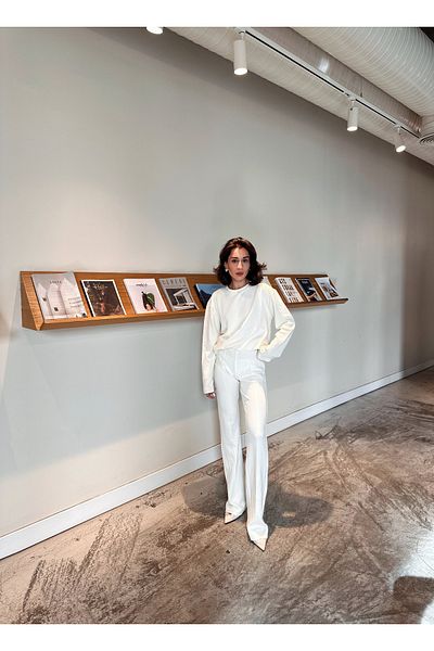 SANX Women's White Textured Long Sleeve Pants Suit Loose Wide Leg High Waist Daily Casual