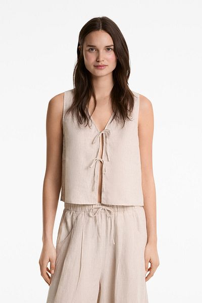 Oysho 100% linen tie detail top
