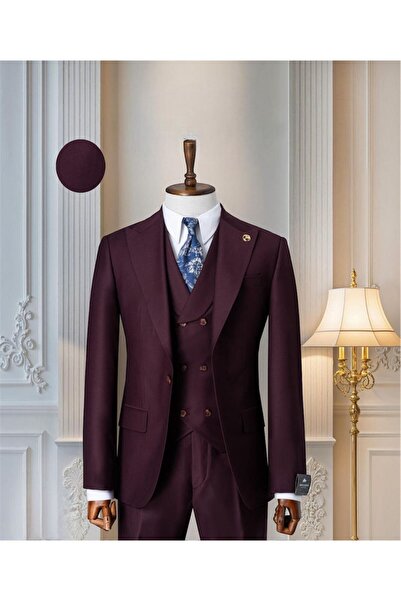 Butik Erkek Bordo Basic italyan Style Slim fit Dar Kesim Sivri Yaka Takım Elb...