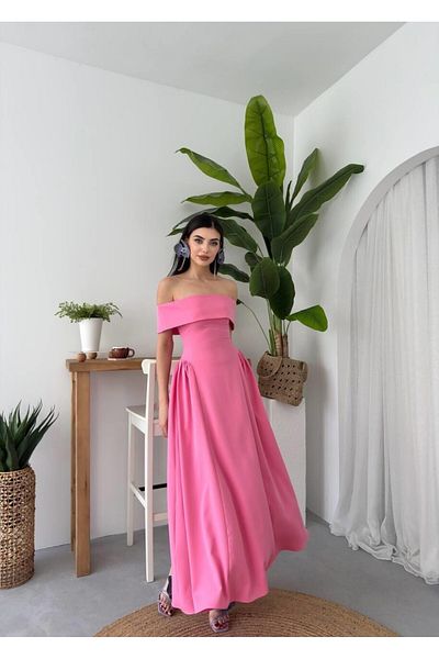 Julishop Μακρύ φόρεμα με ροζ γιακά Madonna με πλισέ μπούστο