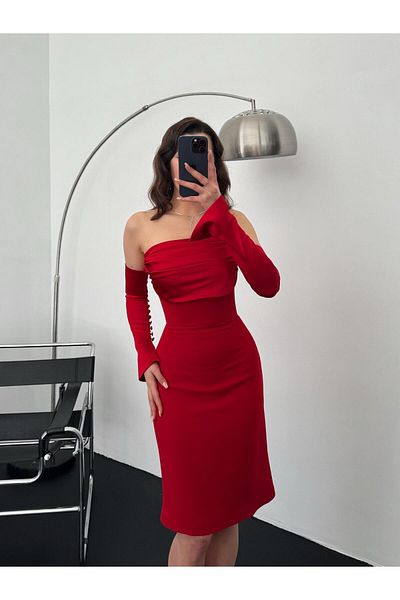 Serica Moda Red Satin Sleeve Detailed Midi Evening Dress