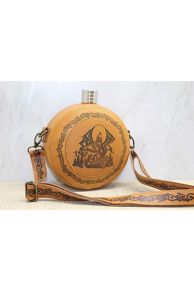 hediyeconcepti Round Stainless Steel Hanging Flask with Leather Case