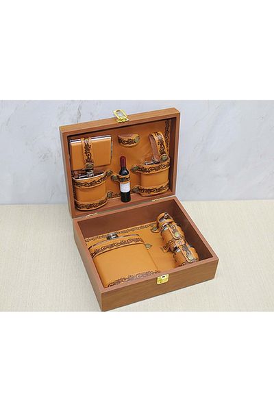 hediyeconcepti Stainless Steel Flask Set with Wooden Box and Leather Case