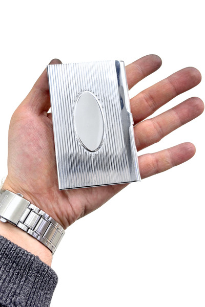 oya silver Çizgi Desenli Ortası Oval Gümüş Sigara Tabakası