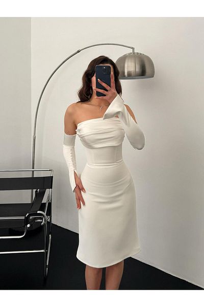 Serica Moda White Satin Sleeve Detailed Midi Evening Dress