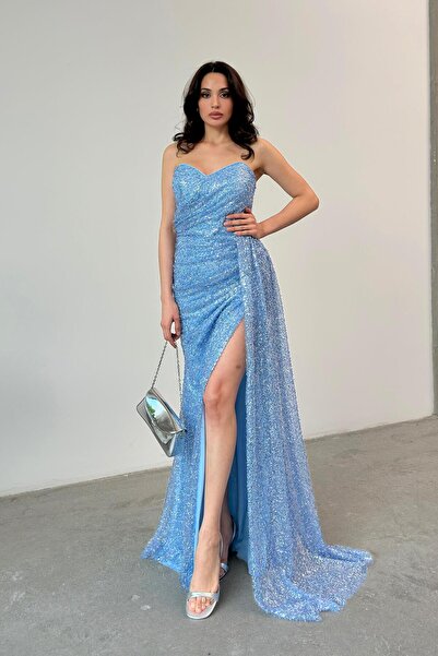 Serica Moda Μπλε στράπλες φόρεμα με λαιμόκοψη καρδιά, κεντημένο με χάντρες κα...