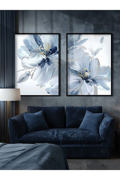 STARYUNA Set de pictură cu efect de vopsea în ulei cu cadru negru, set de 2 picturi cu cadru din lemn negru floral Yuna185