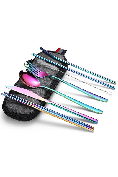 valkyrie Journey Cutlery Set with Bag: 8 Pieces Knife Spoon Straw Chopstick, Office Holiday Rusty