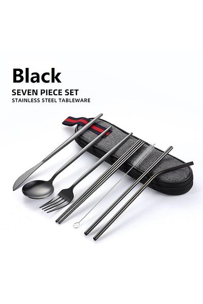 valkyrie Journey Cutlery Set with Bag: 8 Pieces Knife Spoon Straw Chopstick, Office Holiday Rusty